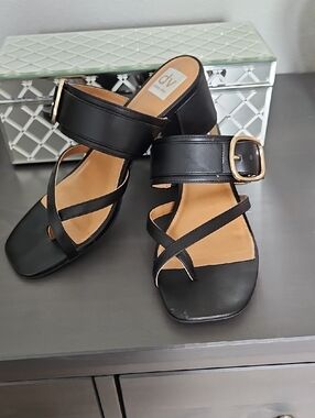 DV by Dolce Vita Black Strappy Block Heel Sandals with Gold Buckle